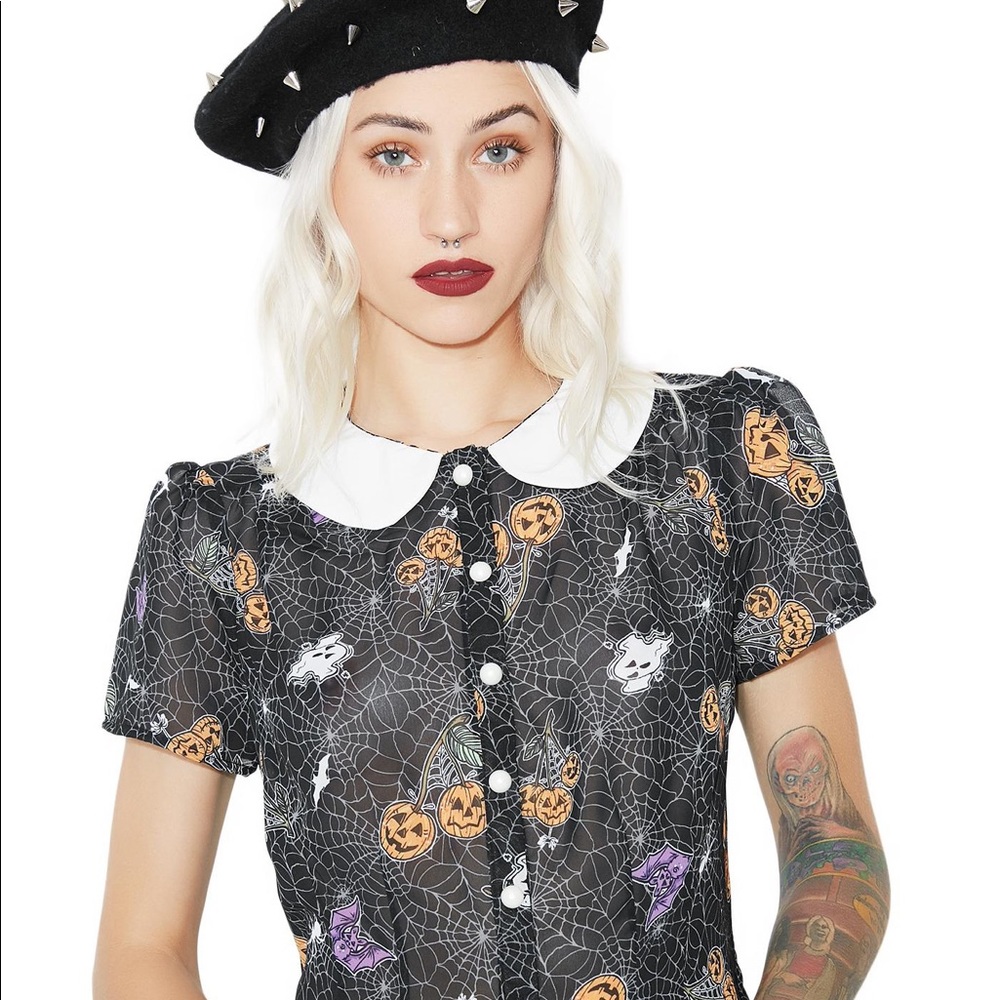 Hell Bunny Sheer Halloween Peter Pan Collar Top
